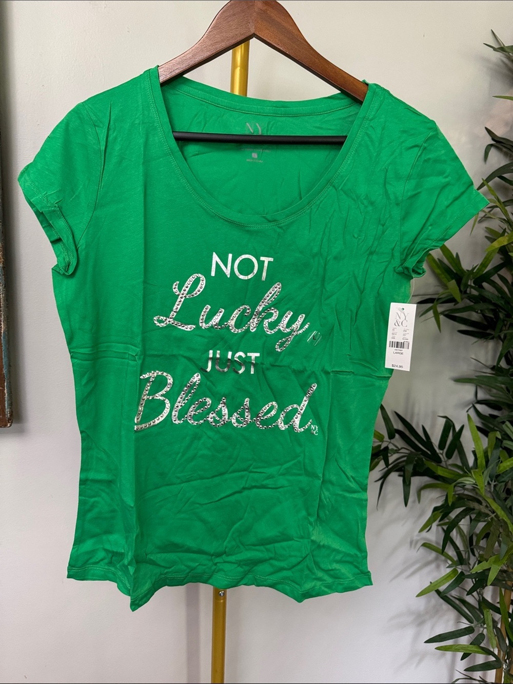 New York & Company Green "Not Lucky Just Blessed" Graphic Tee NWT L